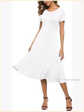 Women's Midi Dress Short Sleeve Round Neck Stretchy Waist Casual Summer Dress